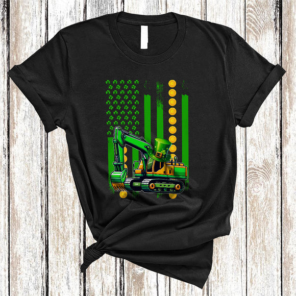 MacnyStore - St. Patrick's Day US Flag Excavator, Proud St. Patrick's Day Shamrock, Excavator Driver Lover T-Shirt