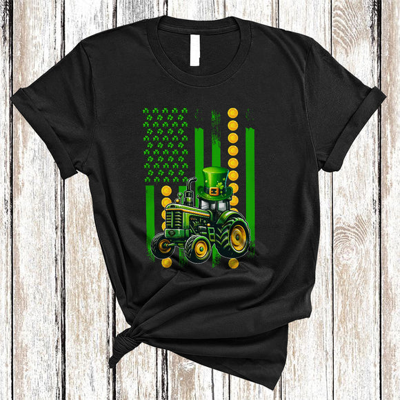 MacnyStore - St. Patrick's Day US Flag Tractor, Proud St. Patrick's Day Shamrock, Tractor Driver Farmer Lover T-Shirt