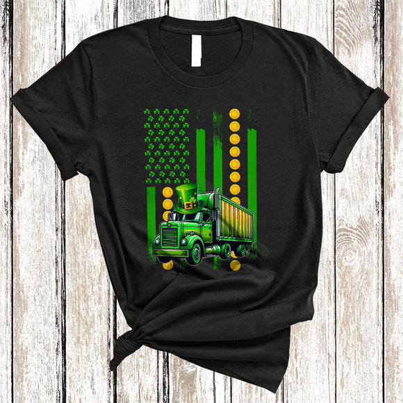 MacnyStore - St. Patrick's Day US Flag Truck, Proud St. Patrick's Day Shamrock, Truck Driver Trucker Lover T-Shirt