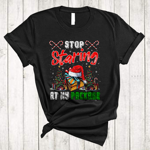 MacnyStore - Stop Staring At My Package, Sarcastic Santa Christmas Present, X-mas Tree Snow Around T-Shirt