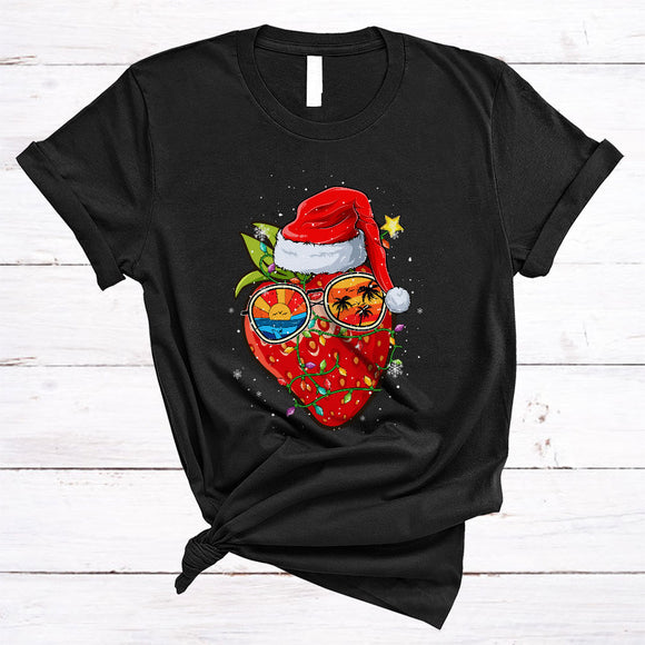 MacnyStore - Strawberry Wearing Sunglasses Santa, Adorable Christmas Lights Fruit, X-mas Vegan Lover T-Shirt
