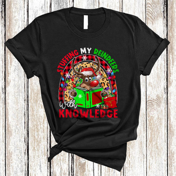 MacnyStore - Stuffing My Reindeers With Knowledge, Lovely Christmas Reindeer Teacher, Leopard Plaid Rainbow T-Shirt
