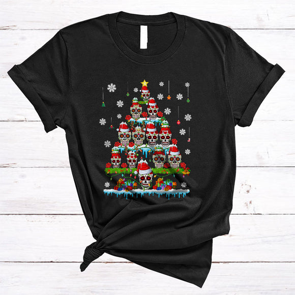 MacnyStore - Sugar Skull Christmas Tree, Awesome Christmas Lights Flowers, Mexican Sugar Skull Lover T-Shirt