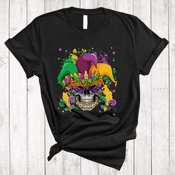 MacnyStore - Sugar Skull With Mardi Gras Jester Hat Beads, Amazing Mardi Gras Skull Lover, Parade Group T-Shirt