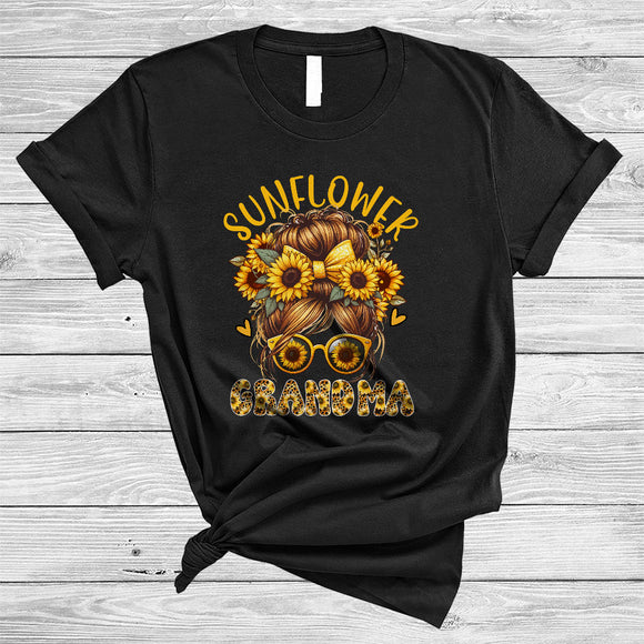 MacnyStore - Sunflower Grandma, Adorable Mother's Day Leopard Sunflower Bun Hair Woman Face, Family T-Shirt
