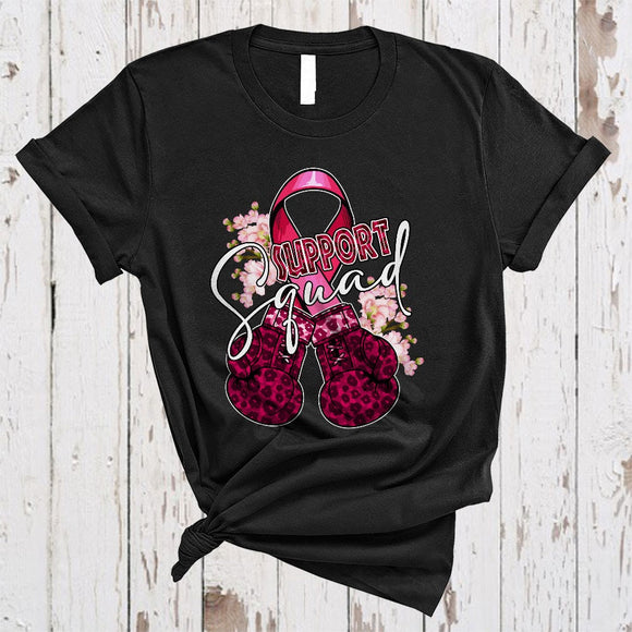 MacnyStore - Support Squad, Cool Proud Breast Cancer Awareness Pink Ribbon, Flowers Leopard Boxing Gloves T-Shirt