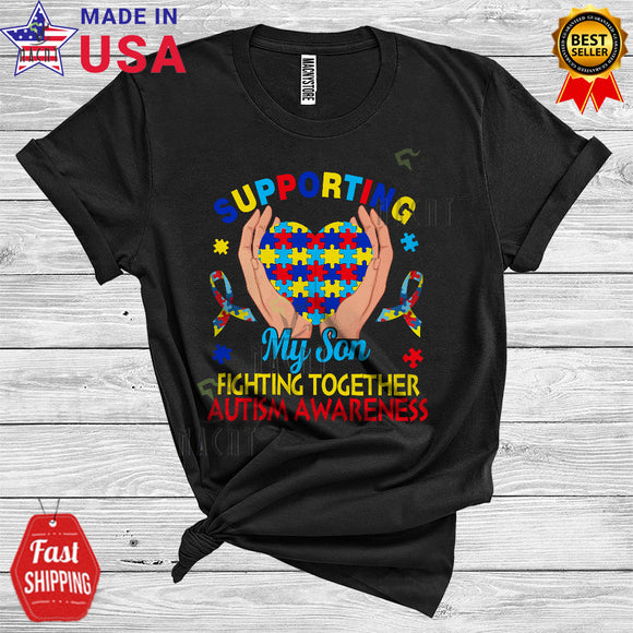 MacnyStore - Supporting My Son Fighting Together Cute Cool Autism Awareness Puzzle Ribbon Heart Family T-Shirt