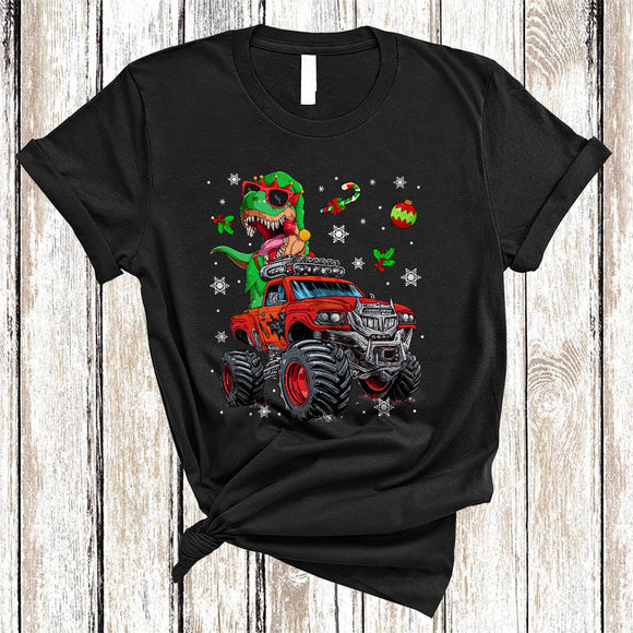 MacnyStore - T-Rex ELF On Monster Truck, Cool Funny Christmas Snow T-Rex Dinosaur, Monster Truck Driver T-Shirt
