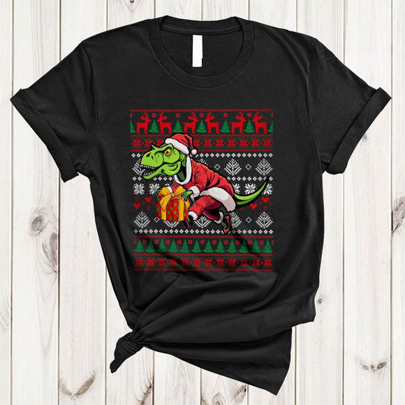 MacnyStore - T-Rex Santa With Christmas Present, Merry X-mas Sweater T-Rex, Dinosaur Santa Lover T-Shirt