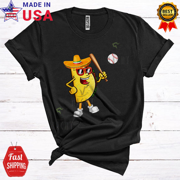 MacnyStore - Taco Playing Baseball Cute Cool Mexican Taco Wearing Sombrero Sunglasses Sport Player Team T-Shirt