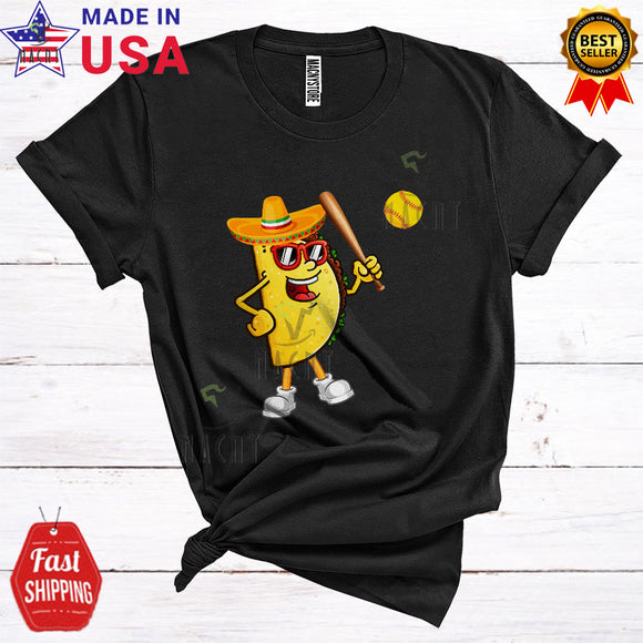 MacnyStore - Taco Playing Softball Cute Cool Mexican Taco Wearing Sombrero Sunglasses Sport Player Team T-Shirt