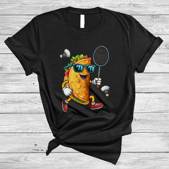 MacnyStore - Taco Sunglasses Playing Badminton, Joyful Cinco De Mayo Sport Player Food, Mexican Pride T-Shirt