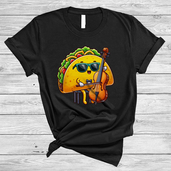 MacnyStore - Taco Sunglasses Playing Cello, Joyful Cinco De Mayo Musical Instruments Food, Mexican Pride T-Shirt