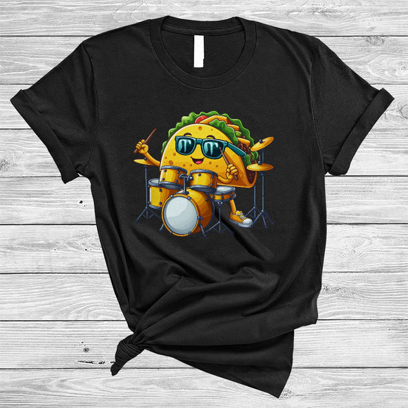 MacnyStore - Taco Sunglasses Playing Drum, Joyful Cinco De Mayo Musical Instruments Food, Mexican Pride T-Shirt