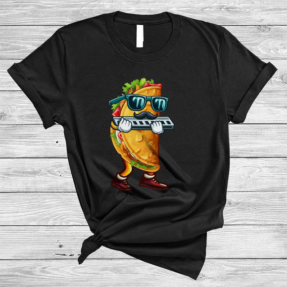 MacnyStore - Taco Sunglasses Playing Harmonica, Joyful Cinco De Mayo Musical Instruments Food, Mexican Pride T-Shirt