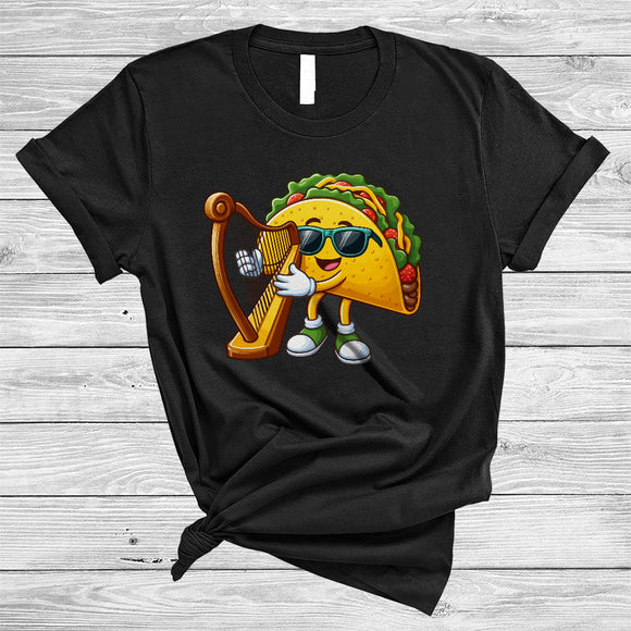 MacnyStore - Taco Sunglasses Playing Harp, Joyful Cinco De Mayo Musical Instruments Food, Mexican Pride T-Shirt