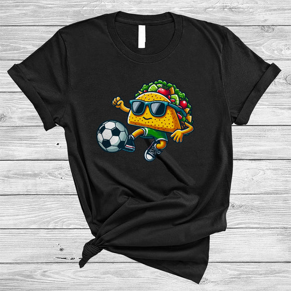 MacnyStore - Taco Sunglasses Playing Soccer, Joyful Cinco De Mayo Sport Player Food, Mexican Pride T-Shirt