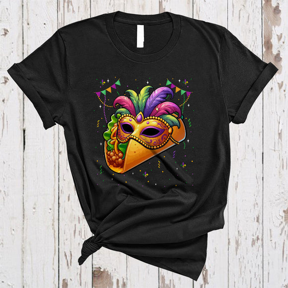 MacnyStore - Taco Wearing Mardi Gras Mask, Awesome Mardi Gras Beads Taco, Food Lover Parades Group T-Shirt
