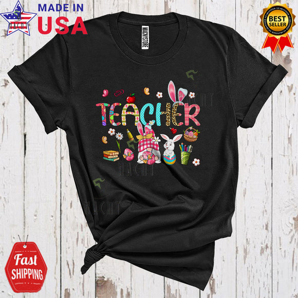 MacnyStore - Teacher Cool Funny Easter Bunny Gnome Hunting Easter Plaid Leopard Eggs Group T-Shirt