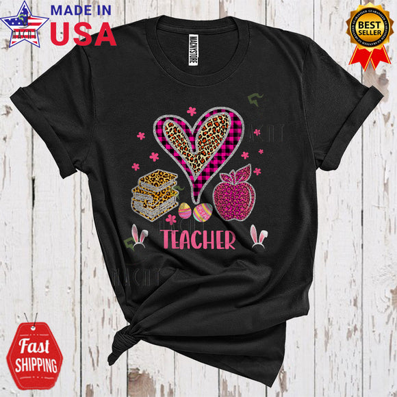 MacnyStore - Teacher Cute Cool Easter Day Leopard Plaid Heart Shape Books Apple Lover Matching Group T-Shirt