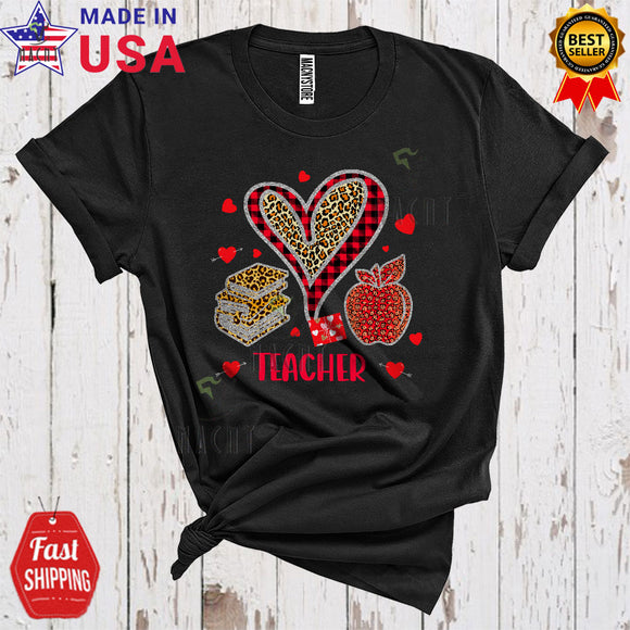 MacnyStore - Teacher Cute Cool Valentine's Day Leopard Plaid Heart Shape Books Apple Lover Matching Group T-Shirt