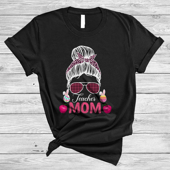 MacnyStore - Teacher Mom, Awesome Easter Day Pink Leopard Plaid Bun Hair Women, Bunny Eggs T-Shirt