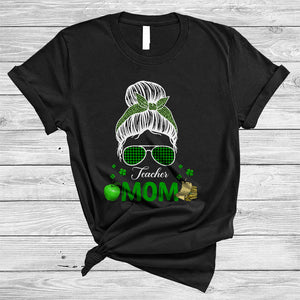 MacnyStore - Teacher Mom, Awesome St. Patrick's Day Green Leopard Plaid Bun Hair Women, Shamrocks T-Shirt