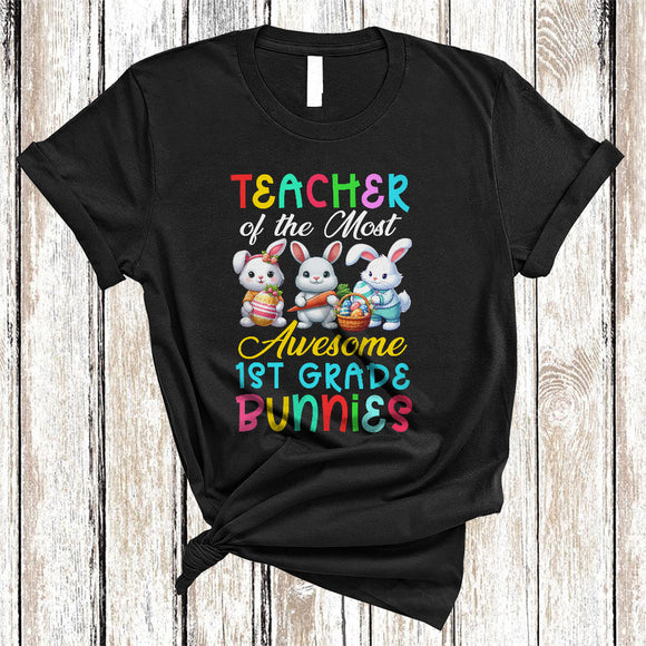 MacnyStore - Teacher Of The Most Awesome 1st Grade Bunnies, Lovely Easter Three Bunnies, Egg Hunt Group T-Shirt
