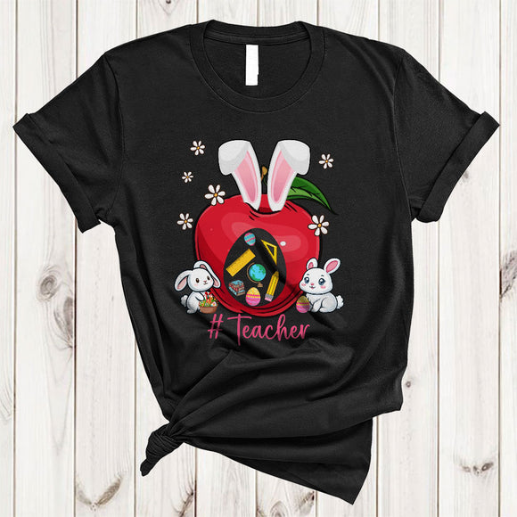MacnyStore - Teacher, Adorable Easter Day Bunny Apple Flowers, Egg Hunting Group Family Lover T-Shirt