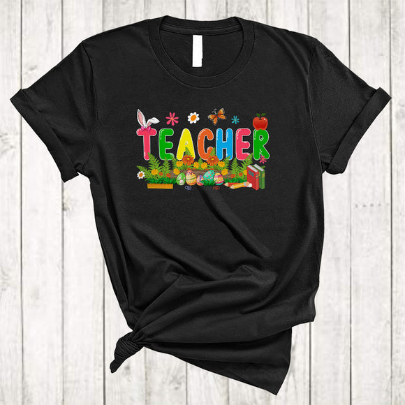 MacnyStore - Teacher, Adorable Easter Day Bunny Eggs Flowers, Matching Teaching Teacher Group T-Shirt