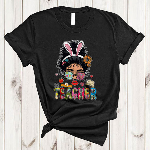 MacnyStore - Teacher, Adorable Easter Messy Bun Hair Women Bunny, Flowers Easter Eggs Sunglasses T-Shirt