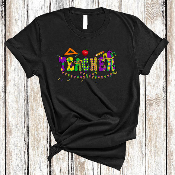 MacnyStore - Teacher, Cheerful Mardi Gras Squad Teacher Lover, Mardi Gras Mask Jester Hat Parades Group T-Shirt