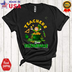 MacnyStore - Teachers Love Shenanigans Cute Happy St. Patrick's Day Leprechaun In Pot Of Gold Coins Lover T-Shirt
