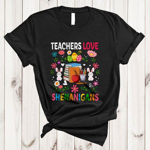 MacnyStore - Teachers Love Shenanigans, Floral Easter Day Teacher Bunny, Matching Egg Hunt Family Group T-Shirt