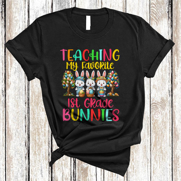 MacnyStore - Teaching My Favorite 1st Grade Bunnies, Lovely Easter Eggs Tree Three Bunnies, Teacher Group T-Shirt