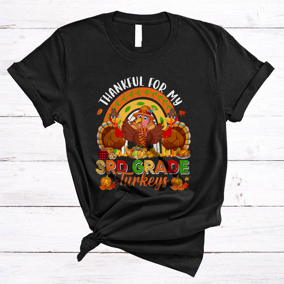 MacnyStore - Thankful For My 3rd Grade Turkeys, Adorable Thanksgiving Three Turkeys Rainbow, Student Teacher T-Shirt