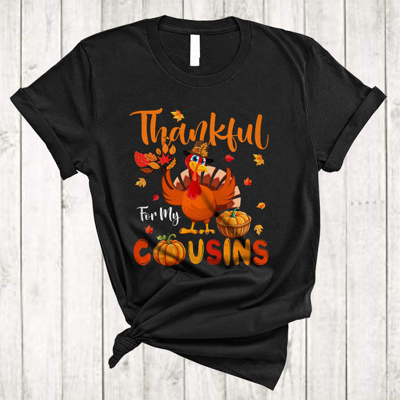MacnyStore - Thankful For My Cousins, Adorable Happy Thanksgiving Turkey, Fall Leaf Family Group T-Shirt