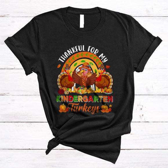 MacnyStore - Thankful For My Kindergarten Turkeys, Adorable Thanksgiving Three Turkeys Rainbow, Student Teacher T-Shirt