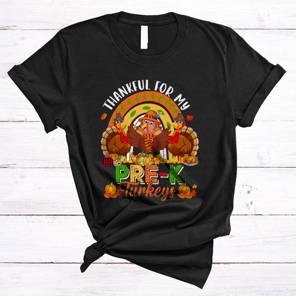 MacnyStore - Thankful For My Pre-K Turkeys, Adorable Thanksgiving Three Turkeys Rainbow, Student Teacher T-Shirt