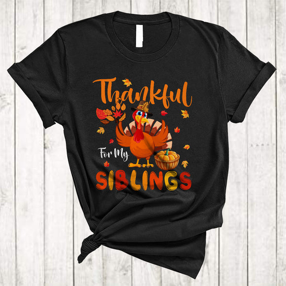 MacnyStore - Thankful For My Siblings, Adorable Happy Thanksgiving Turkey, Fall Leaf Family Group T-Shirt