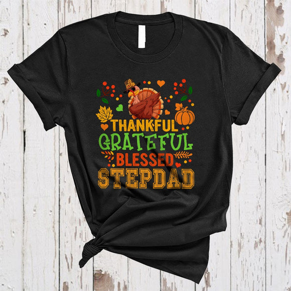 MacnyStore - Thankful Grateful Blessed Stepdad, Lovely Thanksgiving Dabbing Turkey, Fall Leaf Pumpkin Family T-Shirt