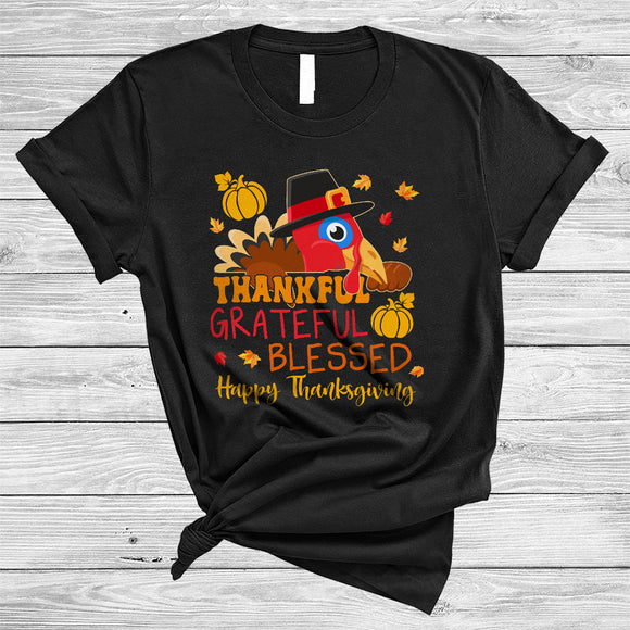 MacnyStore - Thankful Grateful Blessed, Sarcastic Happy Happy Thanksgiving Turkey Face, Fall Pumpkin Leaf T-Shirt