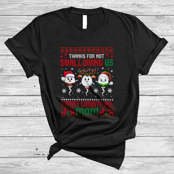 MacnyStore - Thanks For Not Swallowing Us Mom, Funny Merry Christmas Family Group, X-mas Sweater Snow T-Shirt