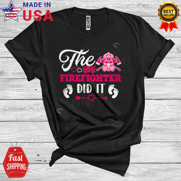 MacnyStore - The Firefighter Did It Cute Funny Pregnancy Announcement Family Flowers Baby Footprint T-Shirt