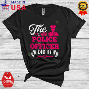 MacnyStore - The Police Officer Did It Cute Funny Pregnancy Announcement Family Flowers Baby Footprint T-Shirt