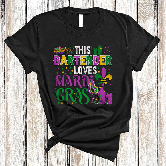 MacnyStore - This Bartender Loves Mardi Gras, Humorous Mardi Gras Mask Beads, Bartender Team Squad T-Shirt