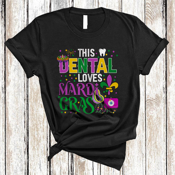 MacnyStore - This Dental Loves Mardi Gras, Humorous Mardi Gras Mask Beads, Dental Team Squad T-Shirt