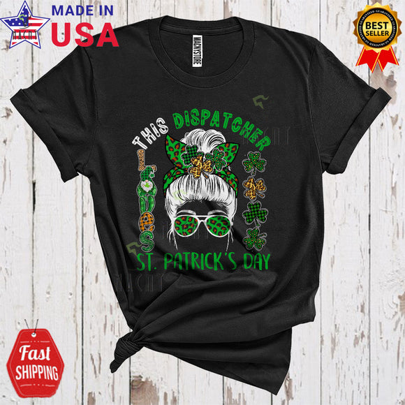MacnyStore - This Dispatcher Loves St. Patrick's Day Cool Funny Leopard Plaid Shamrock Woman Face Bun Hair T-Shirt