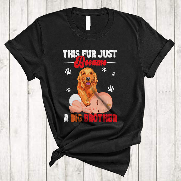MacnyStore - This Fur Just Became Big Brother, Cute Pregnancy Announcement Golden Retriever Owner, Baby Family T-Shirt