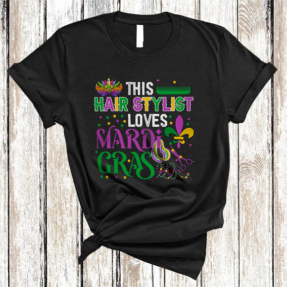 MacnyStore - This Hair Stylist Loves Mardi Gras, Humorous Mardi Gras Mask Beads, Hair Stylist Team Squad T-Shirt